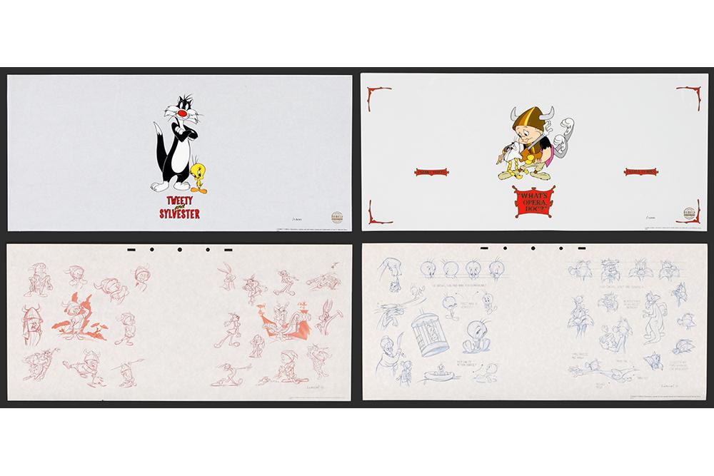 A Collection of Warner Bros. Cartoon Cells.: A Collection of Warner Bros. Cartoon Cells. Approximately 300-350 pieces of mylar and paper, including Bugs Bunny and Elmer Fudd, Sylvester and Tweety. Four images total, unframed 11 1/4" x 24 3/4"