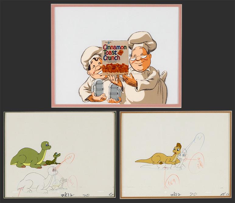 Three Animation Cells.: Three Animation Cells. Including two from Dink the Dinosaur, each with matching pencil drawing, and a Cinnamon Toast Crunch cell, with a drawing, unframed Largest: 9" x 11 1/2"