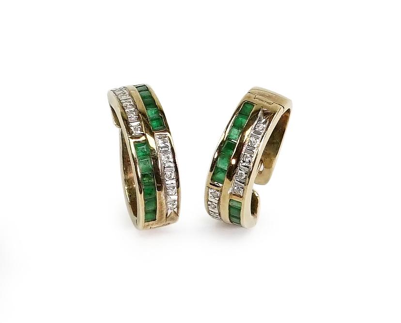 A Pair of Emerald & Diamond Earrings.: A Pair of Emerald & Diamond Earrings. 14 karat yellow gold latch back mountings each contain twelve princess cut emeralds and nine bead set round diamonds Length: 3/4" Wt: 6.6 grams