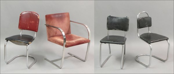 THREE MCARTHUR STYLE SIDE CHAIRS.: THREE MCARTHUR STYLE SIDE CHAIRS. Together with a Bruno style armchair, H: 30" Tallest Side Chair: 32"