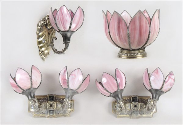 PAIR OF SLAG GLASS TWO-LIGHT WALL SCONCES.: PAIR OF SLAG GLASS TWO-LIGHT WALL SCONCES. Together with a matching ceiling fixture, and a single light wall sconce