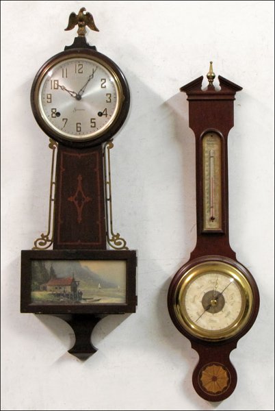 SESSIONS INLAID MAHOGANY BANJO CLOCK.: SESSIONS INLAID MAHOGANY BANJO CLOCK. Together with a barometer