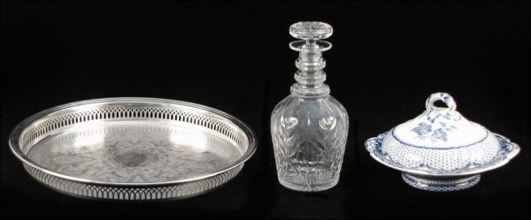 CAULDON FLOW BLUE COVERED DISH.: CAULDON FLOW BLUE COVERED DISH. Together with a crystal decanter, and a silverplated tray