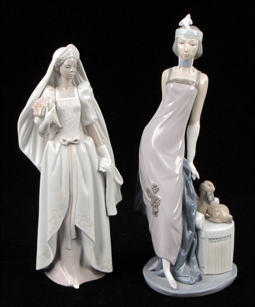 LLADRO PORCELAIN FIGURE OF 'THE BRIDE', 5439.: LLADRO PORCELAIN FIGURE OF 'THE BRIDE', 5439. Together with a Lladro porcelain figure of a lady with a dog Bride: 12"