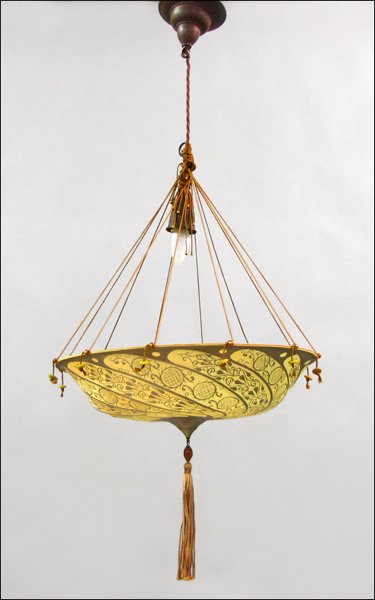 MARIANO FORTUNY SILK HANGING LIGHT FIXTURE.: MARIANO FORTUNY SILK HANGING LIGHT FIXTURE. Height: 32"
