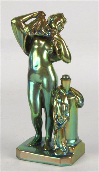 ZSOLNAY IRIDESCENT GLAZED POTTERY FIGURE OF A M: ZSOLNAY IRIDESCENT GLAZED POTTERY FIGURE OF A MUSE. H:10.25"