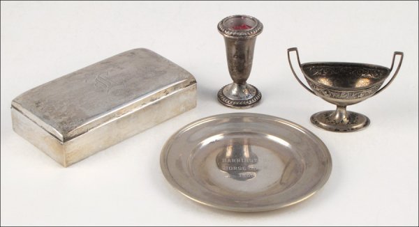 POOLE STERLING SILVER BOX.: POOLE STERLING SILVER BOX. Engraved with an L. Together with a sterling silver plate engraved "Barrington Horse Show 1965", one sterling silver weighted candlestick, and one silver salt cellar