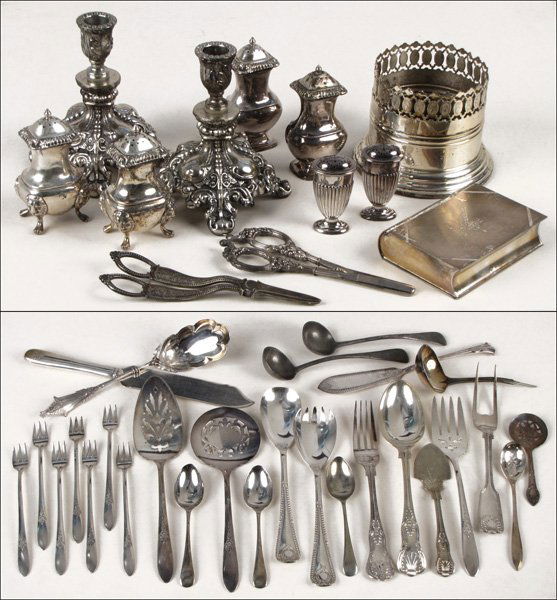 PAIR OF SILVERPLATE CANDLESTICKS.: PAIR OF SILVERPLATE CANDLESTICKS. Together with one set of four silverplate salt shakers, a silverplate wine coaster, and a group of American and English silverplate serving pieces and flatware