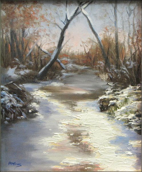 JAYNE BELLOWS (20TH CENTURY) RIVER IN WINTER.: JAYNE BELLOWS (20TH CENTURY) RIVER IN WINTER. Oil on canvasboard, signed LL 11.5" x 9.5"