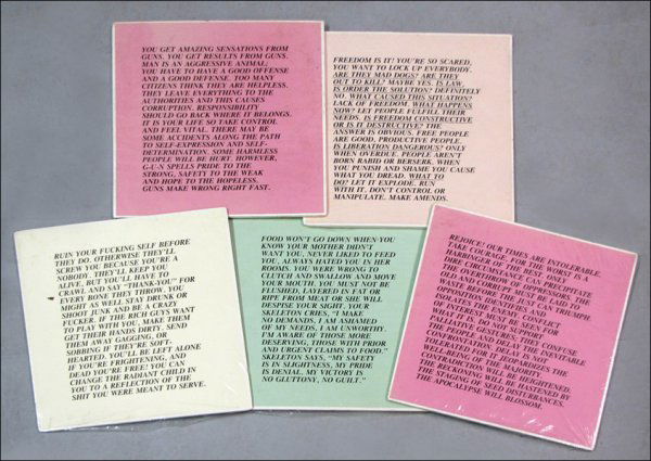 JENNY HOLZER (AMERICAN, B.1950) FIVE INFLAMMATO: JENNY HOLZER (AMERICAN, B.1950) FIVE INFLAMMATORY ESSAYS. Ink on colored essay, unsigned and unlimited edition; Loose sheets, shrink wrapped on foam core board 17" x 17"