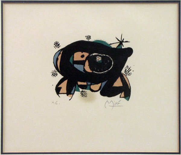 JOAN MIRO COLOR LITHOGRAPH.: JOAN MIRO COLOR LITHOGRAPH. Signed in pencil, H C image 6"x7"