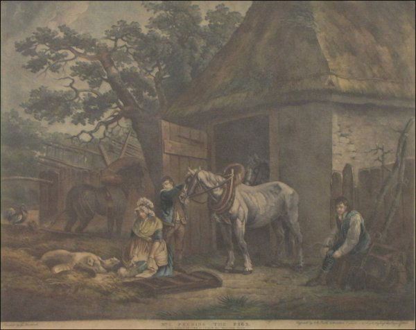 AFTER GEORGE MORLAND (BRITISH 1763-1804) FEEDIN: AFTER GEORGE MORLAND (BRITISH 1763-1804) FEEDING THE PIGS. Color engraving by J.R. Smith, Published 1801, by J.R. Smith, London; Frame: 24.50" x 30.50" 17.25" x 21.75" (sight)