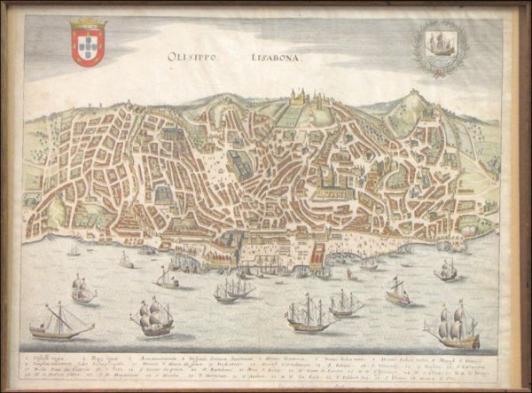 MAP (18TH CENTURY) OLISIPPO LISABONA - VIEW OF : MAP (18TH CENTURY) OLISIPPO LISABONA - VIEW OF LISBON, PORTUGAL. Hand colored engraving; Frame: 16.25" x 20.50" 11.50" x 15"