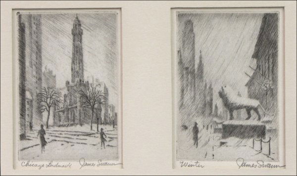 JAMES SWANN (AMERICAN, 1905-1985) TWO ETCHINGS.: JAMES SWANN (AMERICAN, 1905-1985) TWO ETCHINGS. "Winter" and "Chicago Landmark". Both signed in pencil LR Both: 4.5" x 3.25"
