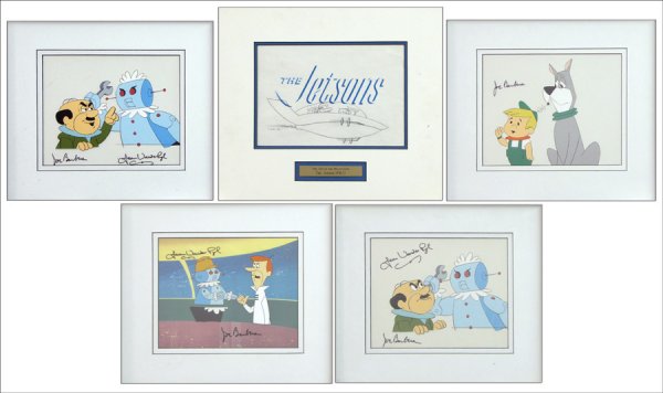 FIVE HANNA BARBERA ANIMATION CELS THE JETSONS.: FIVE HANNA BARBERA ANIMATION CELS THE JETSONS. Three signed in black marker by Joe Barbera and Jean Vander Ply; Frames: 14.50" x 16.50" 8" x 10"