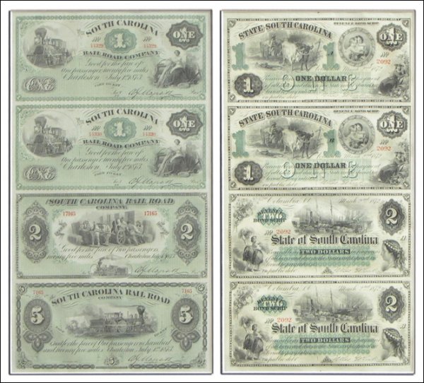 TWO SOUTH CAROLINA FRAMED CURRENCY SHEETS - STA: TWO SOUTH CAROLINA FRAMED CURRENCY SHEETS - STATE AND RAILROAD. State of South Carolina: March 2nd, 1873, $1 (2) and $2 (2) notes; South Carolina Railroad Company: Charlston, July, 1st, 1873, $1 (2), 