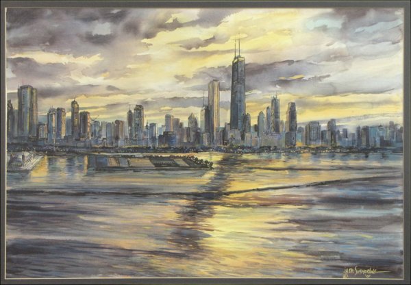 JACK SIMMERLING (20TH CENTURY) LAKE MICHIGAN, C: JACK SIMMERLING (20TH CENTURY) LAKE MICHIGAN, CHICAGO SKYLINE, 2001. Watercolor on paper, signed and dated lower right; Frame: 29" x 38" 20.50" x 29.50" (sight)
