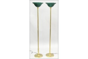 PAIR OF FREDERICK COOPER FLOOR LAMPS.: PAIR OF FREDERICK COOPER FLOOR LAMPS. Green glass shades Height: 67.25"