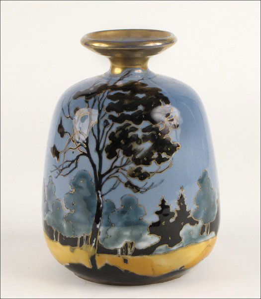 REISSNER, STELLMACHER & KESSEL AMPHORA SCENIC PORCELAIN: REISSNER, STELLMACHER & KESSEL AMPHORA SCENIC PORCELAIN VASE IN THE FAUVIST STYLE. c. 1900-05, Turn-Teplitz Bohemia Height: 7"