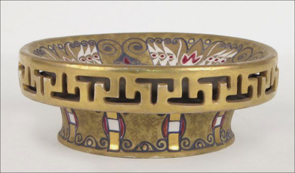 IMPERIAL CROWN TEPLITZ AMPHORA HAND DECORATED FOOTED CE: IMPERIAL CROWN TEPLITZ AMPHORA HAND DECORATED FOOTED CERAMIC COMPOTE IN THE MANNER OF ERNST WAHLISS. Austria Height: 3.25" Diameter: 9"