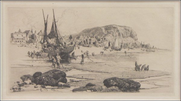 STEPHEN PARRISH (AMERICAN 1846-1938) HASTINGS, ENGLAND.: STEPHEN PARRISH (AMERICAN 1846-1938) HASTINGS, ENGLAND. Etching on paper, signed in plate lower left; Matted and unframed; Schneider 113 5.50" x 10.50"