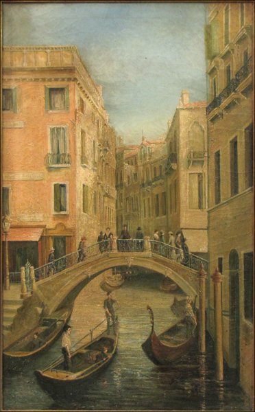 GEORGE HRUSKA (AMERICAN, B.1892) CANAL SCENE, 1926.: GEORGE HRUSKA (AMERICAN, B.1892) CANAL SCENE, 1926. Oil on canvas, signed lower right 'G. Hruska;' Inscribed, signed and dated on the reverese 'Painted by G. Hruska, Nov. 24, 1926;' Frame: 44.75" x 29