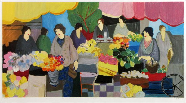 ITZCHAK TARKAY (B.1935) FLOWER MARKET.: ITZCHAK TARKAY (B.1935) FLOWER MARKET. Serigraph in colors, signed, titled and numbered in pencil in the lower margin, edition AP 6/35; Frame: 47" x 71.50" 28" x 53"