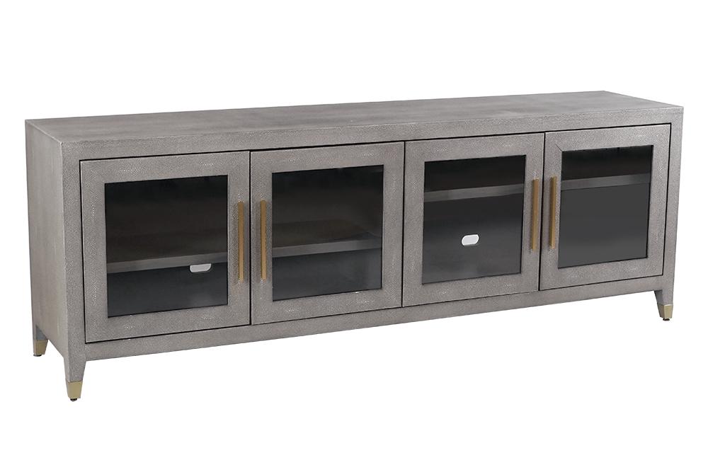 A Restoration Hardware Four-Door Media Console.: A Restoration Hardware Four-Door Media Console. Bearing a shagreen embossed leather finish, raised on metal capped feet 28 1/2" x 80" x 18"