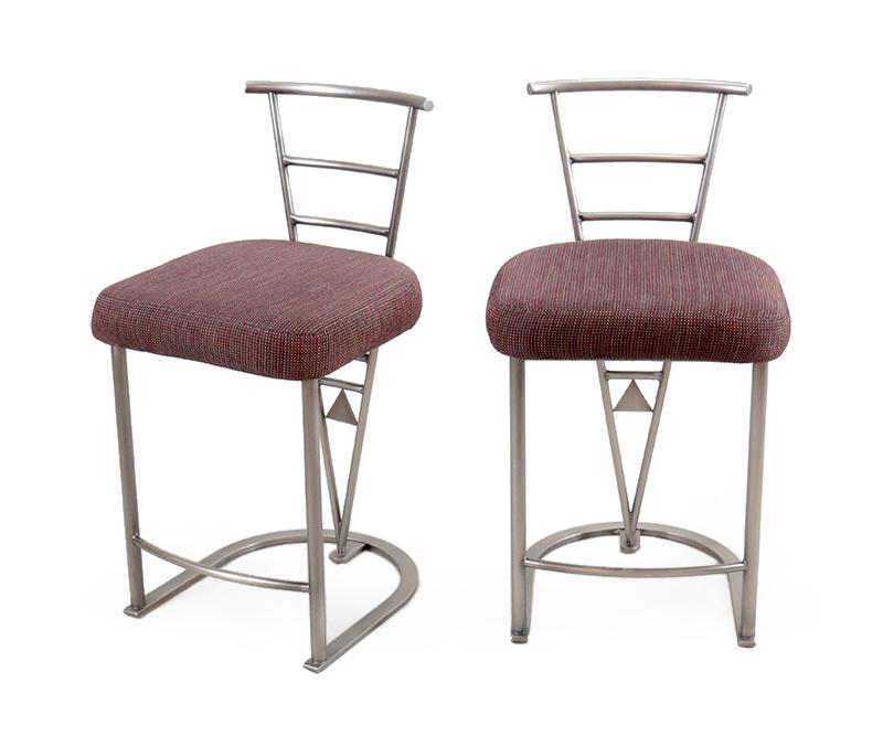 A Pair of Design Institute of America Brushed Metal Bar: A Pair of Design Institute of America Brushed Metal Bar Stools. Back height: 35"