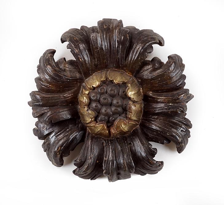 A Portuguese Architectural Element.: A Portuguese Architectural Element. Carved and parcel gilt wood architectural element in the form of a flower blossom 3 1/2" x 17"