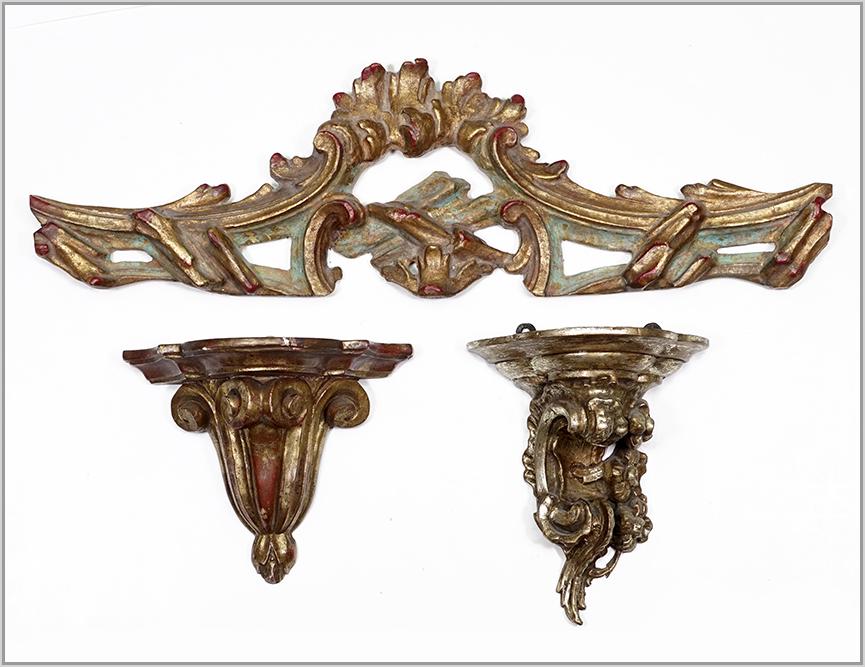 A Carved and Painted Wood Architectural Element.: A Carved and Painted Wood Architectural Element. Together with two gesso and giltwood brackets (larger: 8" x 7" x 4") Architectural element: 7" x 23"