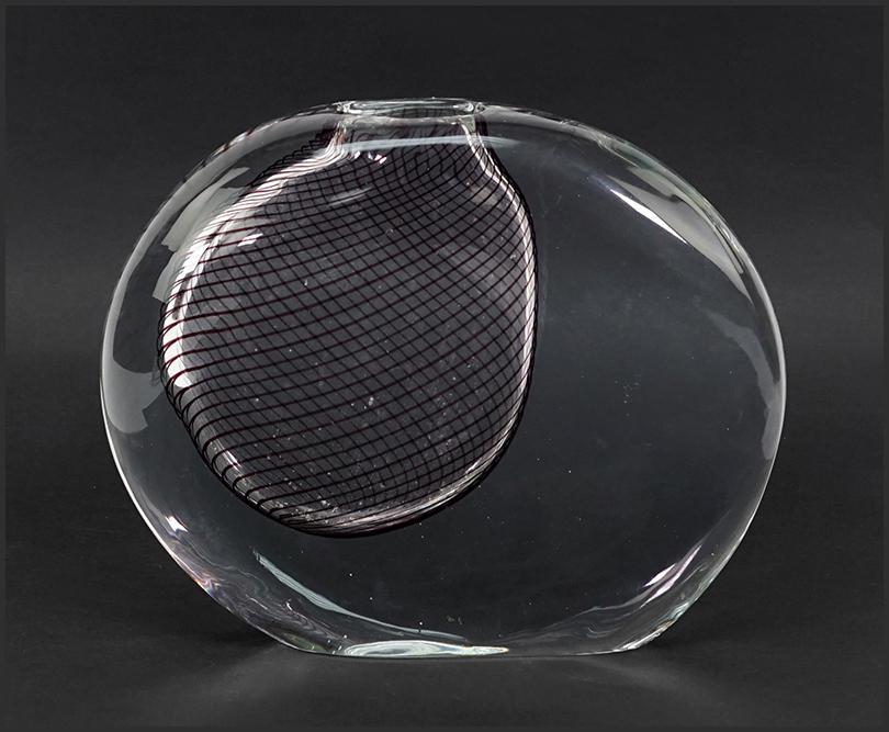 An Antonio da Ros for Cenedese 'Sasso' Murano Art Glass: An Antonio da Ros for Cenedese 'Sasso' Murano Art Glass Vase. Clear glass vase bearing internal decoration of ruby stripes, marked 'Cenedese' on the underside 8 1/4" x 10" x 3"