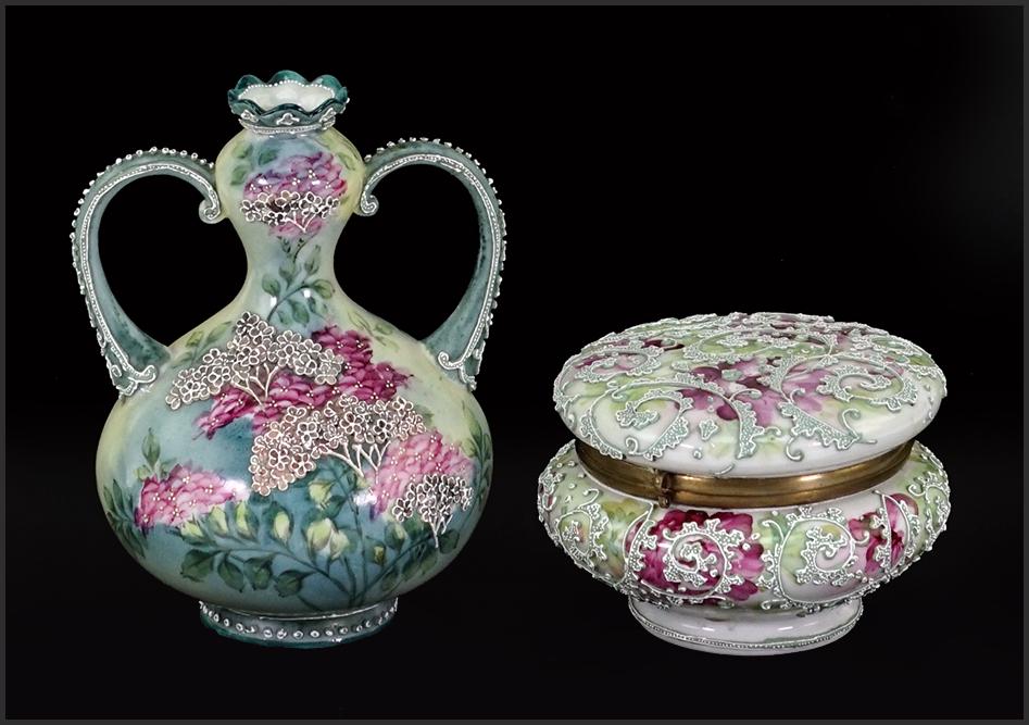 Nippon Moriage Decorative Items.: Nippon Moriage Decorative Items. Consisting of a double handled vase and a dresser jar Vase: 7" x 6"