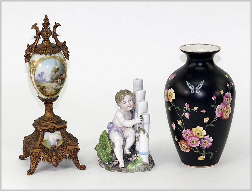 A Group of Decorative Porcelain Items.: A Group of Decorative Porcelain Items. Consisting of W. Lowe decorative black and floral enamel vase, a continental porcelain vase and an unmarked painted urn Lowe Vase: 8 1/2" x 5"