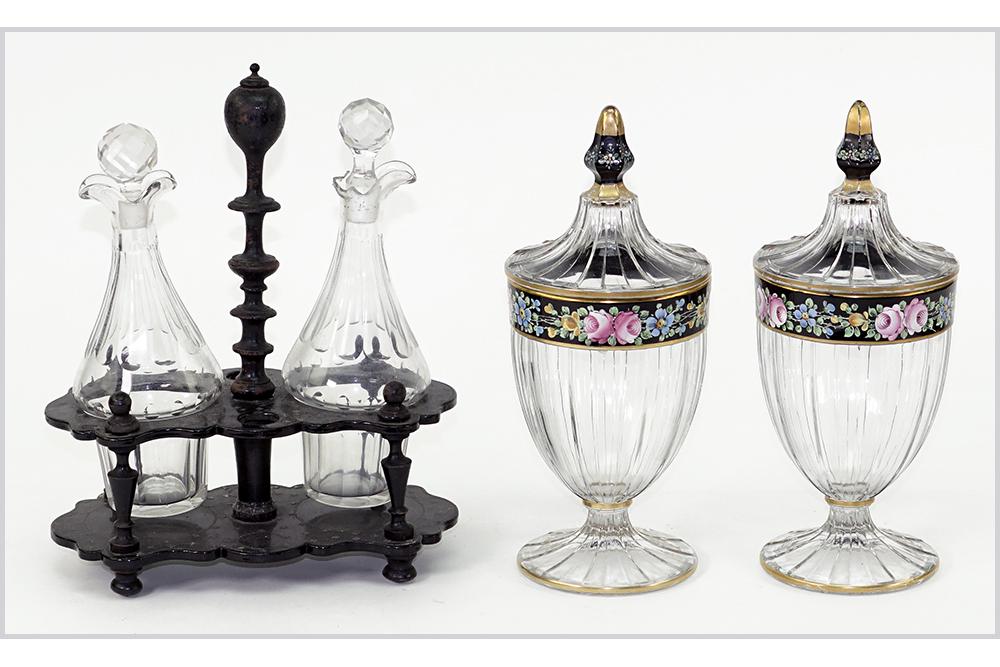 A Pair of Westmoreland Decorated Covered Candy Dishes.: A Pair of Westmoreland Decorated Covered Candy Dishes. Featuring a pair of rose and floral decorated covered crystal candy dishes from Westmoreland. Together with an oil and vinegar cruet set Westmore