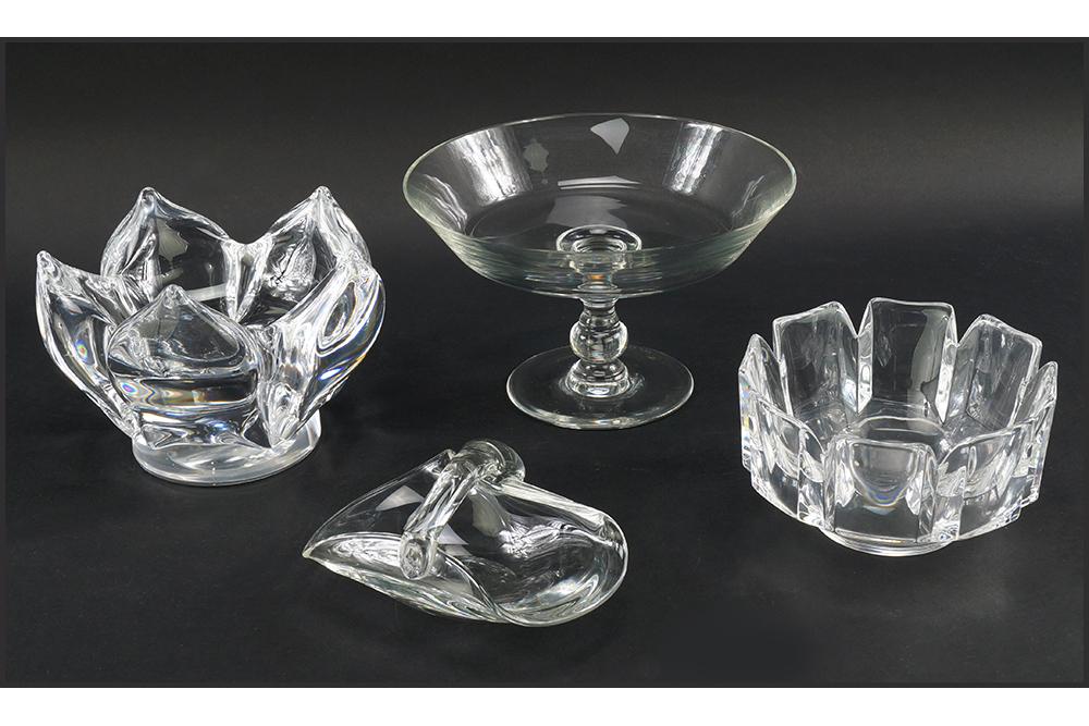 Four Pieces of Clear Glass.: Four Pieces of Clear Glass. Comprising a Goran Warff for Kosta clear glass flower form bowl, an Orrefors glass bowl, a Val St. Lambert footed bowl and a handled basket Kosta bowl: 6 1/4" x 9"