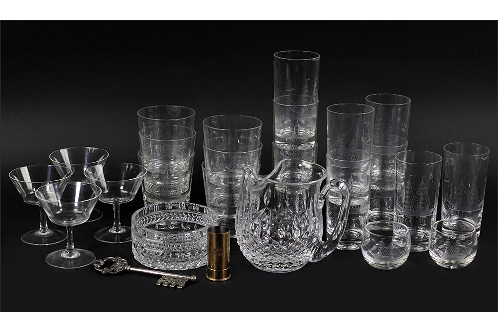 A Collection of Bar Accessories.: A Collection of Bar Accessories. Comprising a Waterford Ice Lip jug / pitcher, a skeleton key form bottle opener, an Italian brass "Just a Shot" shot glass, a glass wine coaster, a set of eleven clear