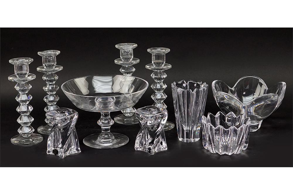 A Collection of Clear Glass.: A Collection of Clear Glass. Comprising a Val St. Lambert compote, two Orrefors crystal bowls, an Orrefors crystal vase, a pair of St. Louis crystal low candlesticks and a set of four faceted glass ca