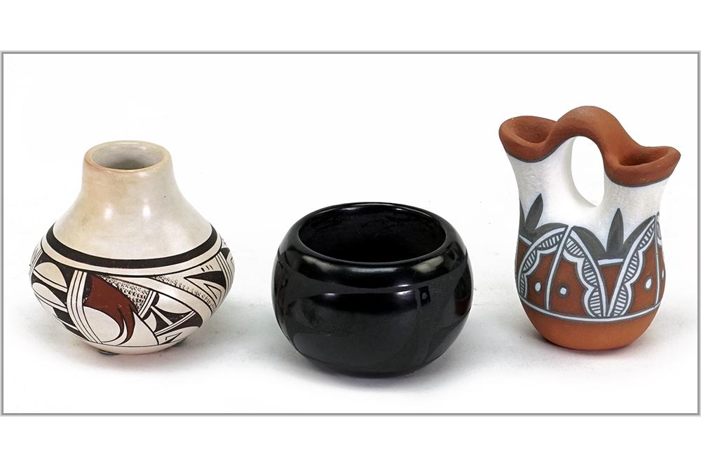 A Collection of Southwestern Pottery.: A Collection of Southwestern Pottery. Comprising a Mary Small wedding vase style vessel (4 1/2" x 3 1/4"), a Christina Naranjo bowl and a pot