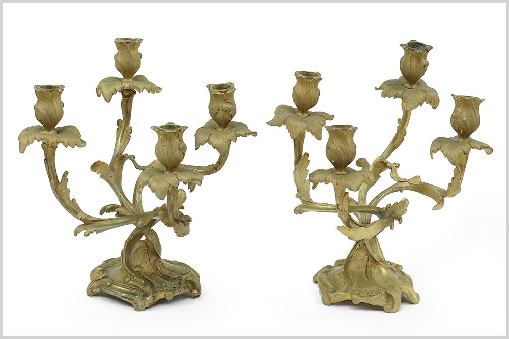 A Pair of Gilt Bronze Four-Light Candelabra.: A Pair of Gilt Bronze Four-Light Candelabra. 12" x 11"