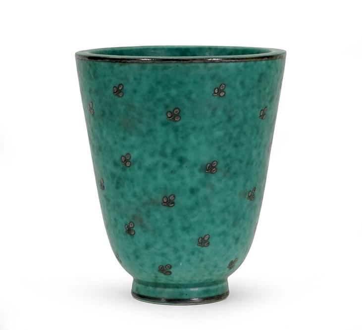 A Gustavsberg Argenta Vase.: A Gustavsberg Argenta Vase. Silver overlay ceramic vase, 978 5 3/4" x 5"