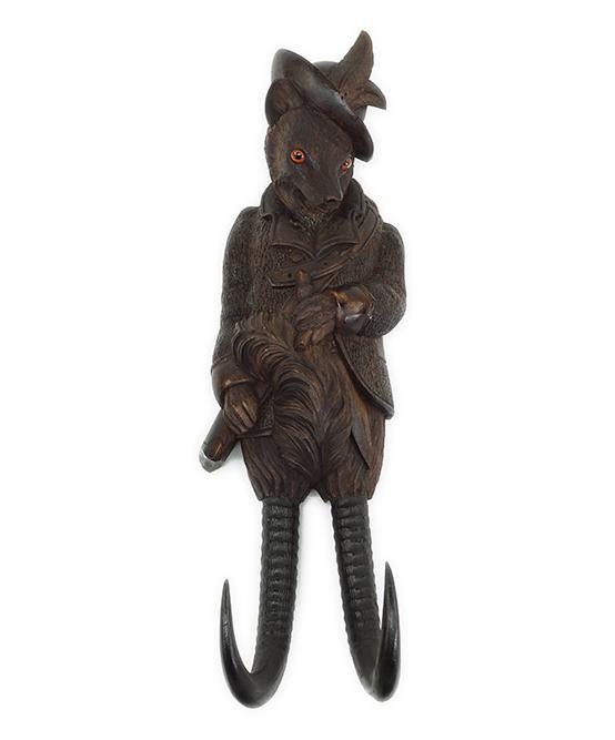 A Black Forest Carved Squirrel Whip Hook.: A Black Forest Carved Squirrel Whip Hook. Featuring a carved wood and horn whip hook depicting a squirrel with amber glass eyes 14 1/2" x 4"