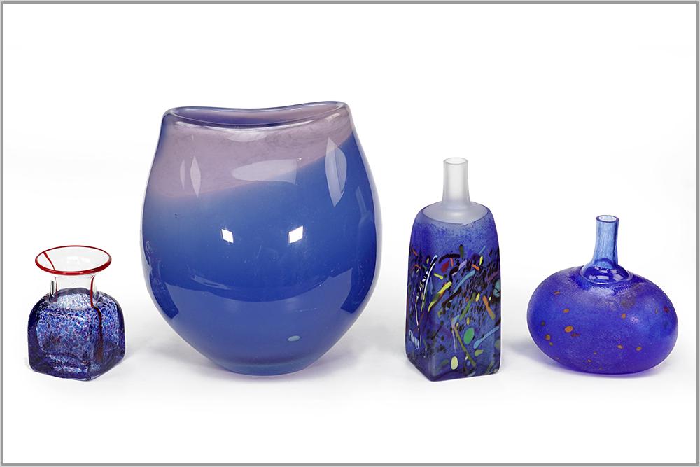 Three Bertiel Vallien Art Glass Cabinet Vases.: Three Bertiel Vallien Art Glass Cabinet Vases. All signed on the undersides. Together with an art glass vase (height: 6 1/4") Tallest: 5 1/4"
