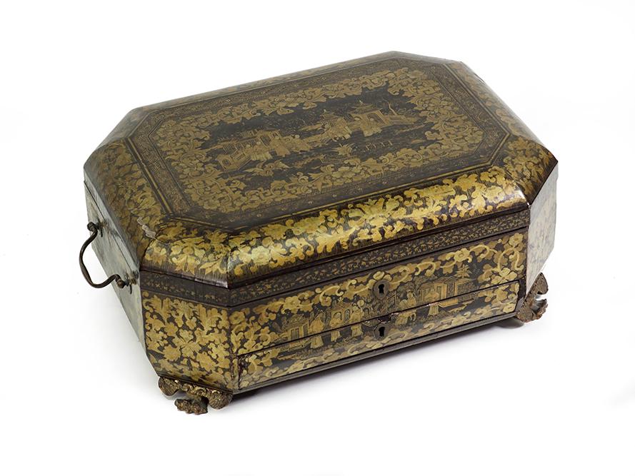 A Chinese Export Lacquered Sewing Box.: A Chinese Export Lacquered Sewing Box. Footed box with interior compartments and bone sewing implements 6" x 14" x 10 1/4"