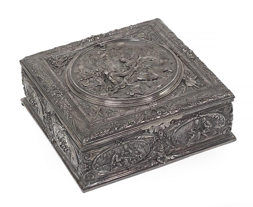 A Sterling Silver Box.: A Sterling Silver Box. Square silver box is entirely decorated with relief scenes of courting couples and floral compositions. Velvet lined 3 1/2" x 9 1/2" x 9 1/2"