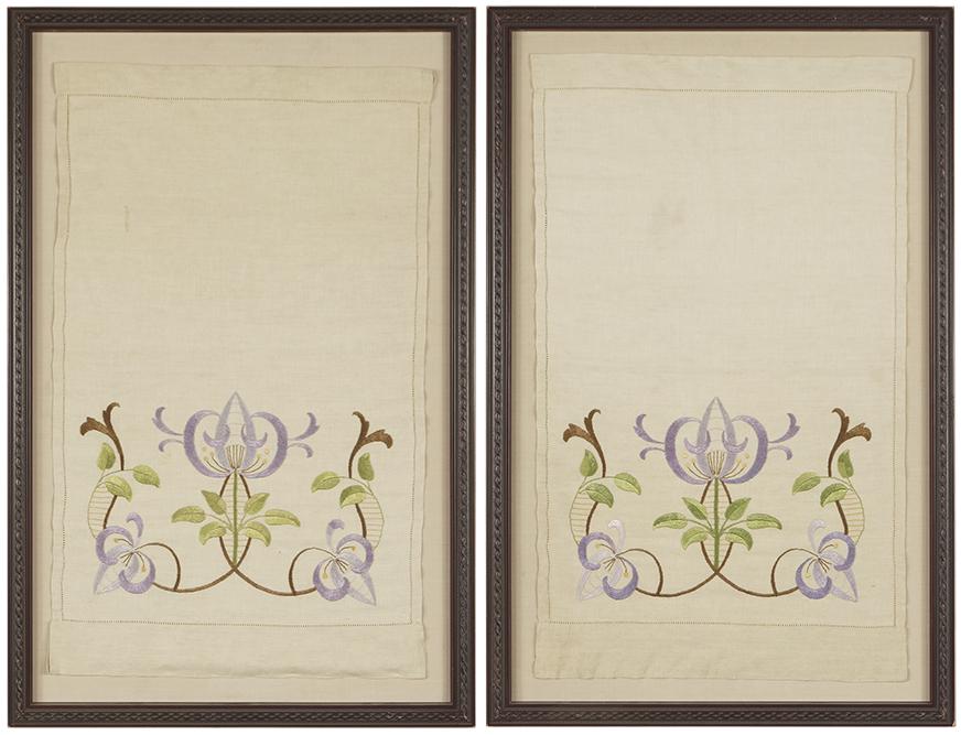 A Pair of American Arts & Crafts Embroidered Curtain: A Pair of American Arts & Crafts Embroidered Curtain Panels. Silk thread on cotton Each: 27 1/4" x 16 1/4" Frame: 31 1/2" x 20 1/2"