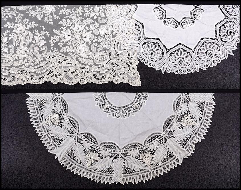 Three Lace Tablecloths.: Three Lace Tablecloths. Comprising two round tablecloths (larger diameter: 63", smaller: 48") and a rectangular tablecloth (80" x 72").