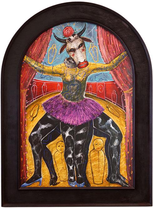 Alejandro Colunga (Mexican, B. 1948) La Vaca Lulu.: Alejandro Colunga (Mexican, B. 1948) La Vaca Lulu. Oil on arched canvas, signed with the monogram lower left; signed, titled, and dated 1992-93 en verso. Provenance: Riva Yares Gallery, Scottsdale/San