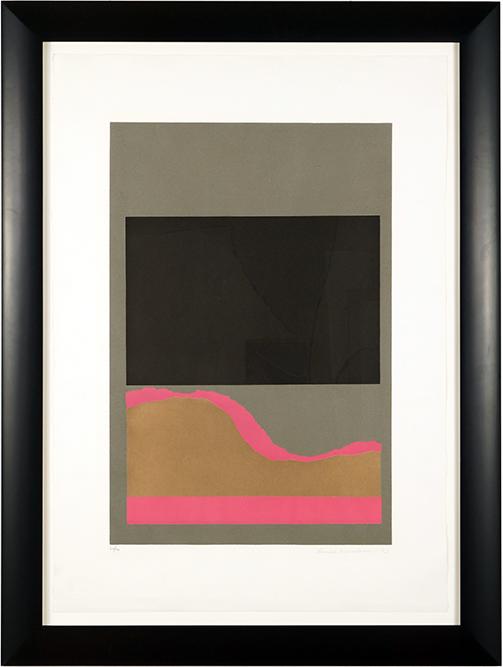 Louise Nevelson (Russian-American, 1899-1988) Title: Louise Nevelson (Russian-American, 1899-1988) Title Unknown. Color aquatint and collage, pencil signed lower right, dated '75, and numbered 22/90 29 1/2" x 19 1/2" Frame: 46 1/2" x 35"