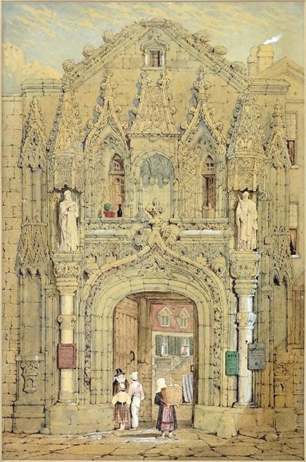 Attributed to Samuel Prout (British, 1783-1852): Attributed to Samuel Prout (British, 1783-1852) Entrance to a Courtyard. Watercolor and ink laid down on board; unsigned 17" x 11 1/4" Frame: 26" x 20"